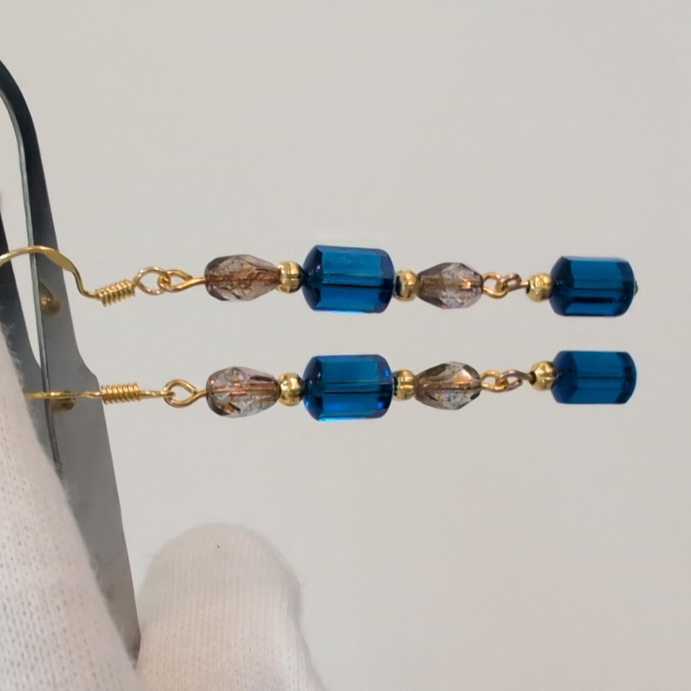 Handmade Vintage Blue Crystal & Bronze Czech Glass Drop Earrings